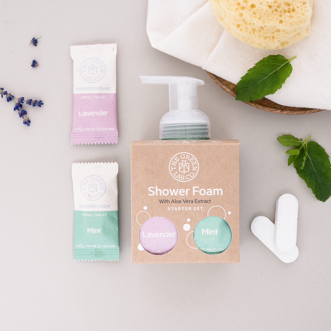 The Green Lab Co Shower Foam starter set—Lavender & Mint—on a light background.